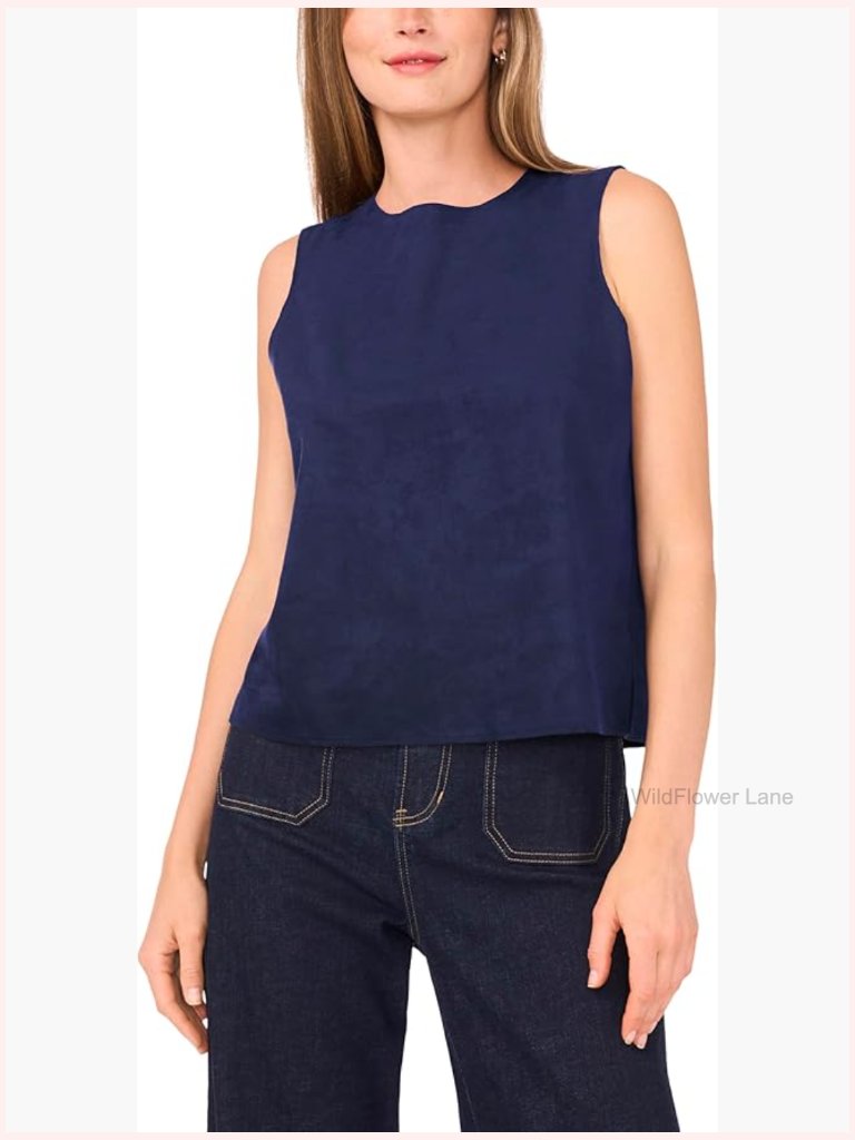 Faux Suede Sleeveless Crew Neck Blouse Soft Textured Top